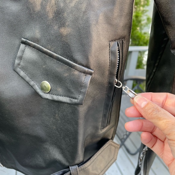 Faux Leather Moto Jacket Black Zip Up Belted - Picture 7 of 13